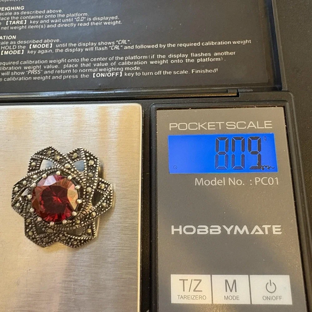 Vintage Sterling Silver Flower Pin Marcasite Red Glass Star Statement